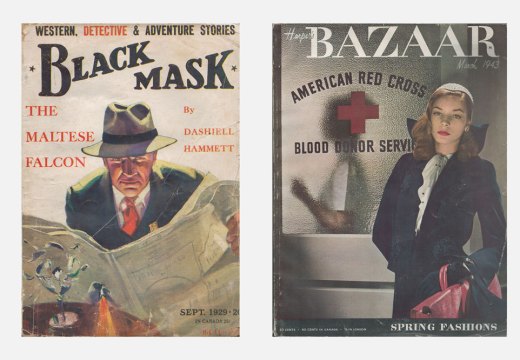 Left: ‘Black Mask’, vol. 12, no. 1, September 1929, contains the first part (of five) of ‘The Maltese Falcon’ by Dashiell Hammett; right: ‘Harper’s Bazaar’, vol. 77, no. 3, March 1943, featuring Lauren Bacall on the cover.