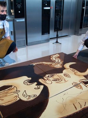 Cubes of cubism: chocolatiers at work on their rendering of Picasso’s anti-war masterpiece in April 2021.
