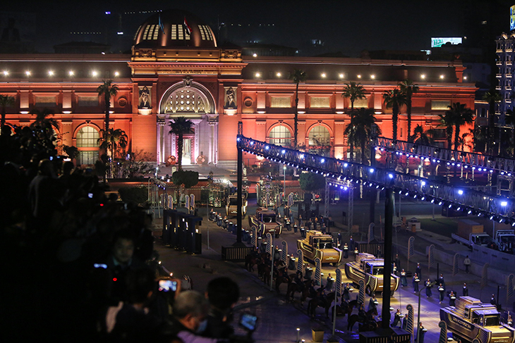 Twenty-two royal mummies being paraded from their home at the Egyptian Museum near Tahrir Square to the National Museum of Egyptian Civilization (NMEC) in the 'Pharaohs’ Golden Parade' on 3 April.