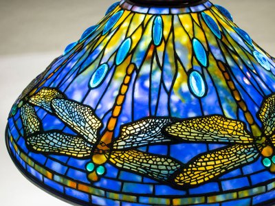 Detail of Dragonfly table lamp (c. 1906), Tiffany Studios. Lillian Nassau (price on application)