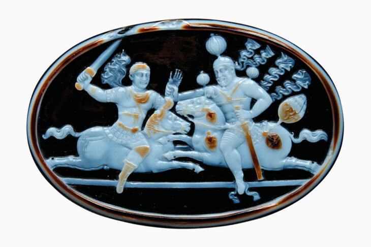 Cameo showing Shabuhr I capturing the Roman emperor Valerian (after 260), Sasanian. Bibliothèque nationale de France, Paris