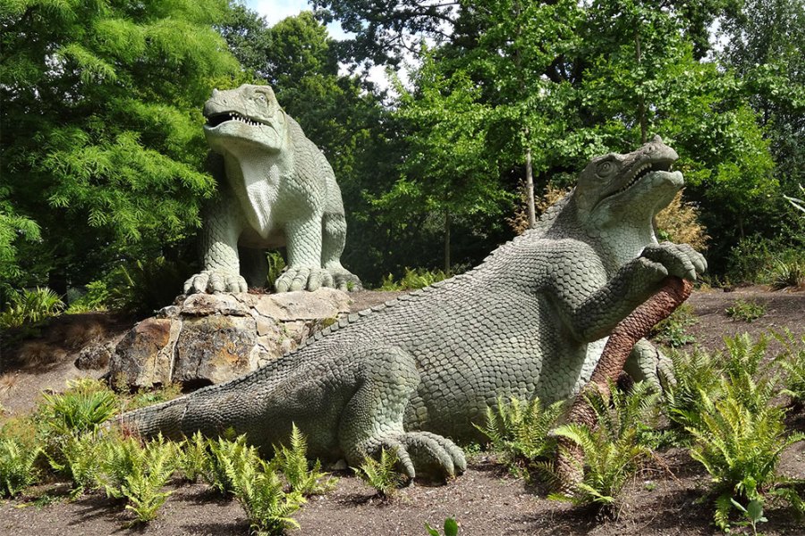 Two of the dinosaur sculptures in Crystal Palace Park.