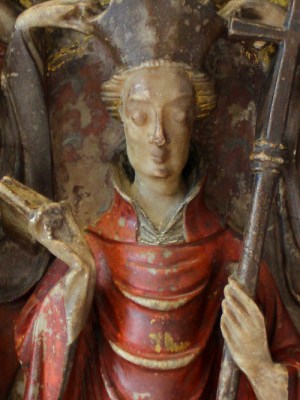 Alabaster panel from an altarpiece showing Becket’s consecration as archbishop (detail; first half of 15th century), England.