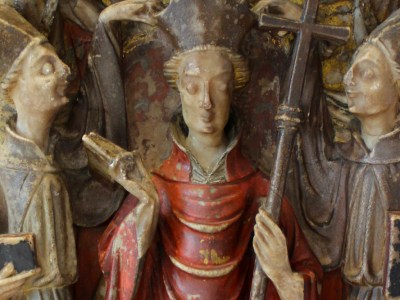 Alabaster panel from an altarpiece showing Becket’s consecration as archbishop (detail; first half of 15th century), England.