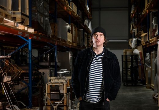 Bedwyr Williams with the Science Museum Group Collection at the National Collections Centre in Wiltshire. The artist is currently working with local audiences to create a film and accompanying book as a response to the collection, which will go in view at the collection centre when it opens to the public in 2024.