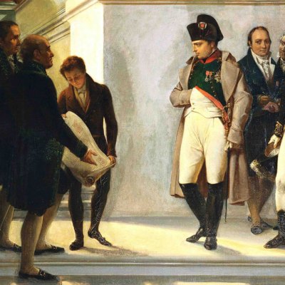 Napoleon visiting the stairs of the Louvre, guided by the architects Percier and Fontaine