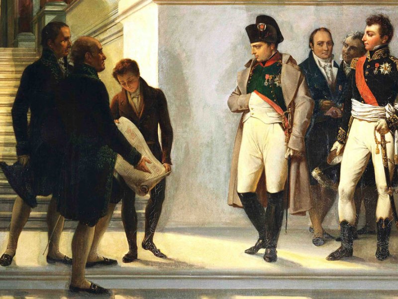 Napoleon visiting the stairs of the Louvre, guided by the architects Percier and Fontaine