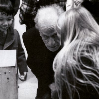 Joseph Cornell with visitors to ‘A Joseph Cornell Exhibition for Children’ at the Cooper Union, New York in 1972. Photo: Denise Hare