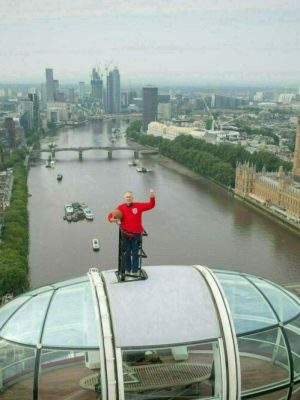 High scorer: Sir Geoff Hurst on top of a pod on the London Eye wearing a replica 1966 World Cup final kit on Friday 9 July, two days before the Euro 2020 final.