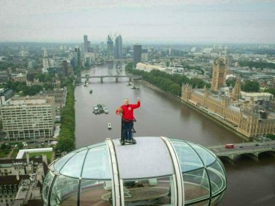 High scorer: Sir Geoff Hurst on top of a pod on the London Eye wearing a replica 1966 World Cup final kit on Friday 9 July, two days before the Euro 2020 final.