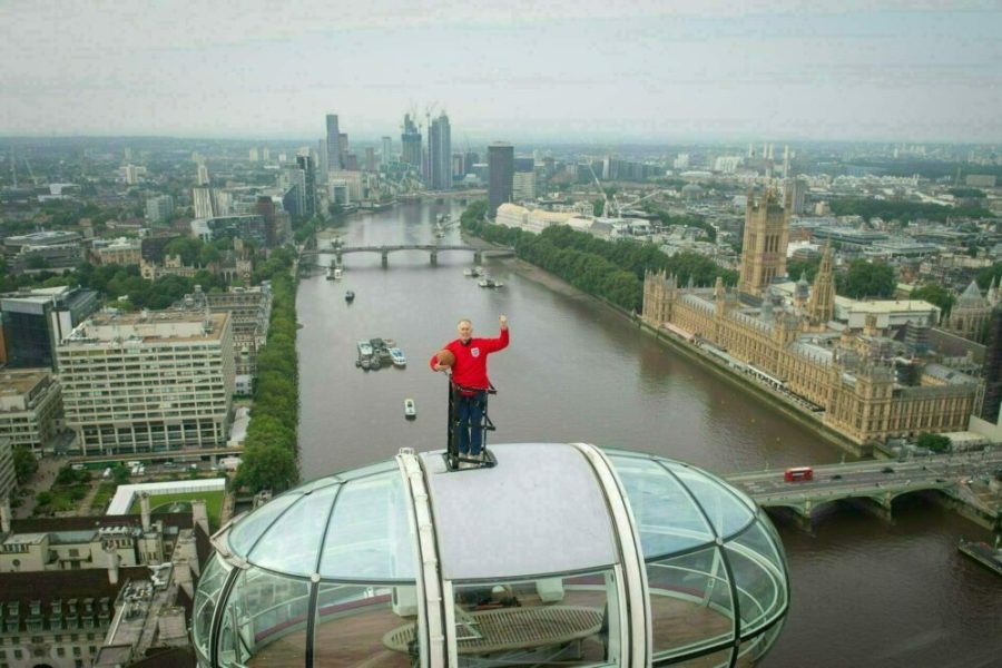 High scorer: Sir Geoff Hurst on top of a pod on the London Eye wearing a replica 1966 World Cup final kit on Friday 9 July, two days before the Euro 2020 final.