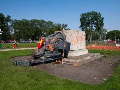 A toppled statue of Queen Victoria on the grounds of the Manitoba Legislature on 2 July, 2021 in Winnipeg, Manitoba, Canada. The statue was pulled down by indigenous protestors following a march to honour survivors and victims of Canada’s residential school system.
