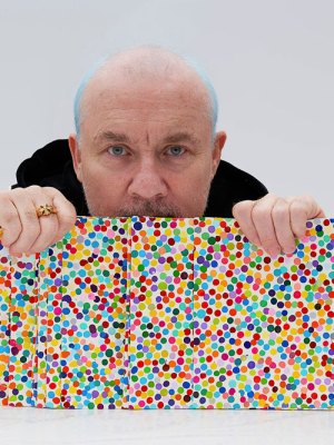 Blue rinse and repeat: Damien Hirst with The Currency artworks.