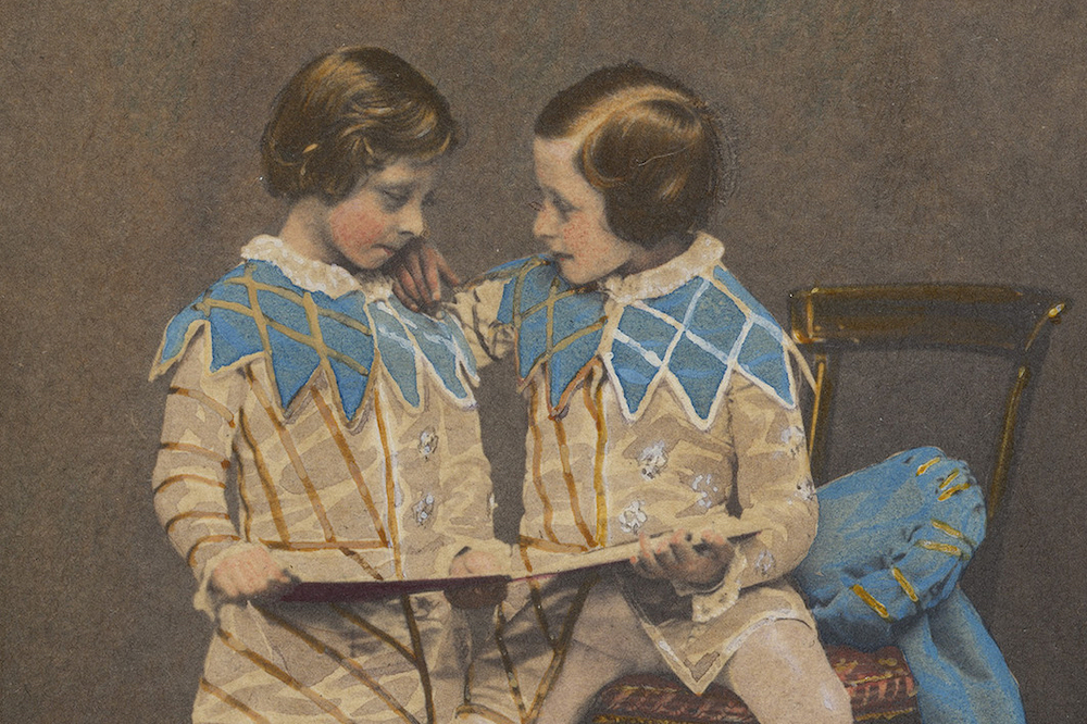 Hand-coloured photograph of Prince Arthur and Prince Leopold in the costume of the sons of King Henry IV (detail; 1857), commissioned by Queen Victoria and Prince Albert (photo taken by Leonida Caldesi).