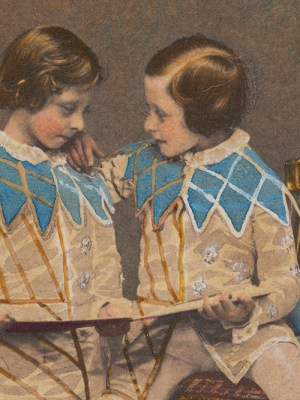 Hand-coloured photograph of Prince Arthur and Prince Leopold in the costume of the sons of King Henry IV (detail; 1857), commissioned by Queen Victoria and Prince Albert (photo taken by Leonida Caldesi).