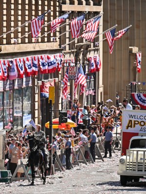 Whimsy galore: Glasgow decked out as Philadelphia for the arrival of Indiana Jones. Photo: Jeff J Mitchell/Getty Images