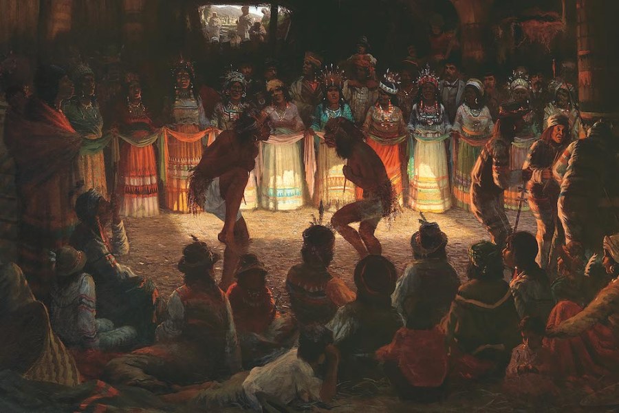 Dance in a Subterranean Round- house at Clear Lake, California (detail; 1878), Jules Tavernier.