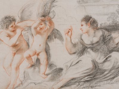 Venus scolding Cupid, while an older cupid binds him to a tree (detail; 17th century), Giovanni Francesco Barbieri, called il Guercino.