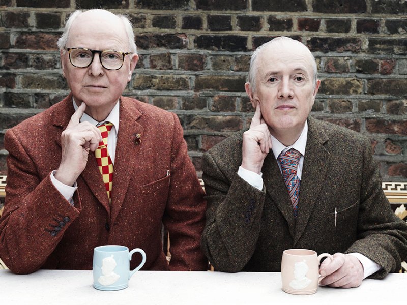 Gilbert & George, photographed at their home (and studio) in London, 2021.