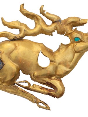 Gold recumbent stag plaque with inlays of turquoise and lapis lazuli (eighth–sixth century BC), discovered at the Eleke Sazy burial complex in Kazakhstan