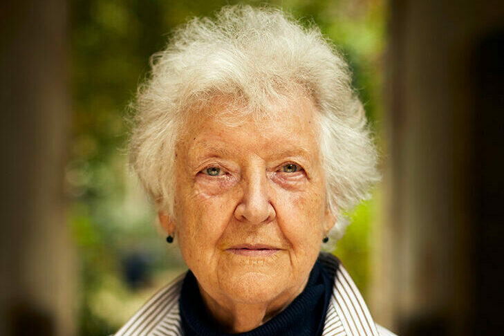 Sheila Hicks photographed in the courtyard outside her studio in Paris in August 2021.