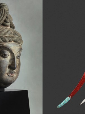 Dry lacquer head of a bodhisattva, Tang dynasty (8th century) (left); an exceptional Indian sword or shamshir (early 19th century) (right).