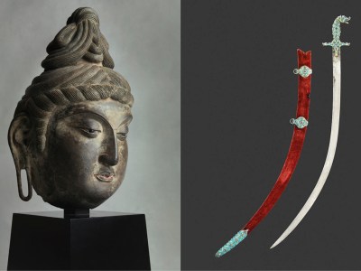 Dry lacquer head of a bodhisattva, Tang dynasty (8th century) (left); an exceptional Indian sword or shamshir (early 19th century) (right).