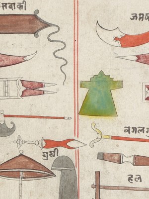 Illustration (detail) of arms and armour with Sanskrit inscriptions, 18th–19th century, Rajasthan or Awadh, India. Runjeet Singh (price on application)