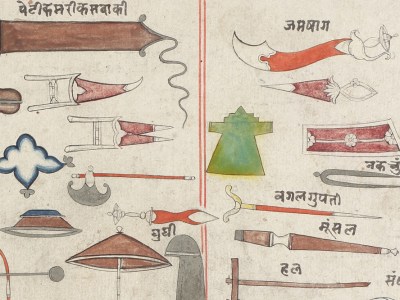 Illustration (detail) of arms and armour with Sanskrit inscriptions, 18th–19th century, Rajasthan or Awadh, India. Runjeet Singh (price on application)