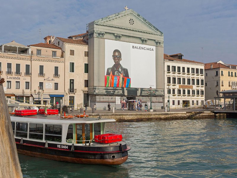 A billboard for Balenciaga on a church in Venice in 2017.