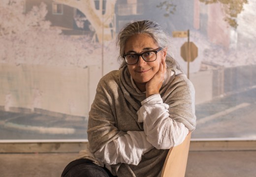 Tacita Dean, photographed in Frith Street Gallery’s Golden Square space in London, in October 2021. Behind her is one of the works in the Purgatory (2021) series.