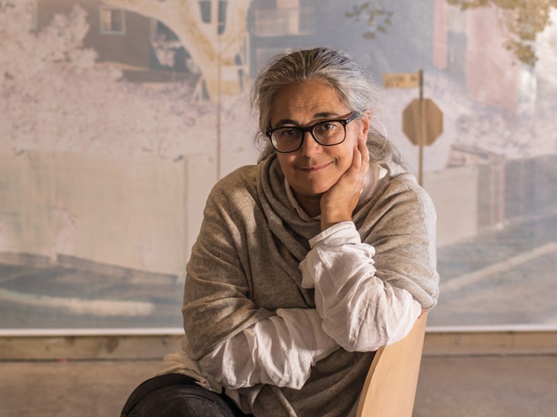 Tacita Dean, photographed in Frith Street Gallery’s Golden Square space in London, in October 2021. Behind her is one of the works in the Purgatory (2021) series.