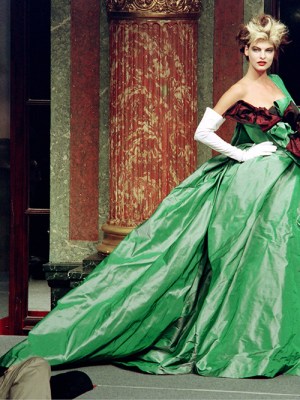 Linda Evangelista wearing a ‘Watteau’ evening gown in Vivienne Westwood’s 1996 Spring/Summer ready-to-wear collection, shown in Paris, October 1995.