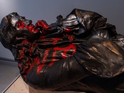 The toppled statue of Edward Colston lies on display in M Shed museum on June 7, 2021 in Bristol, England.
