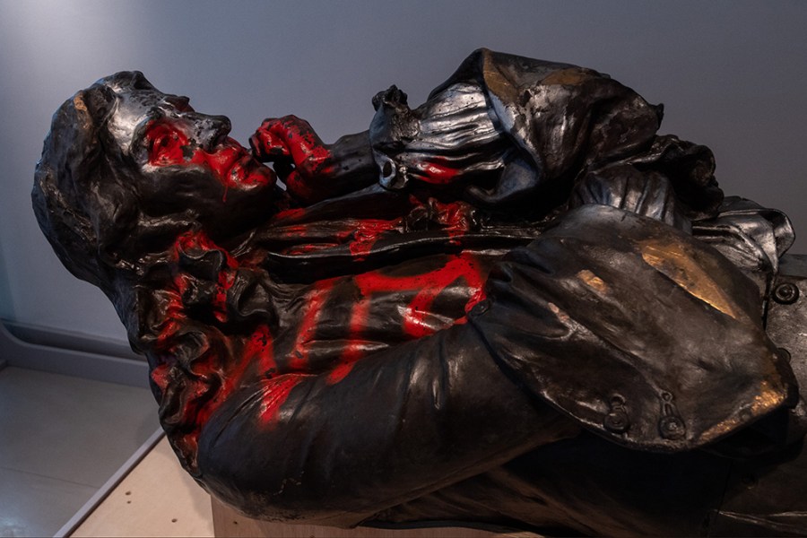 The toppled statue of Edward Colston lies on display in M Shed museum on June 7, 2021 in Bristol, England.