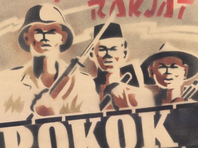 Poster with inscription 'Perlawanan seluruh rakjat pokok kemenang revolusi', (detail; 1945-49). Museum Bronbeek.