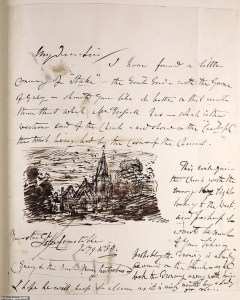 Letter from John Constable to his publisher John Martin, including an ink sketch of the churchyard at Stoke Poges (1835)