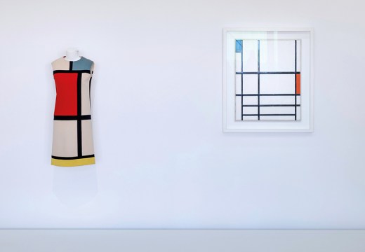 Yves Saint Laurent’s Mondrian dress (Autumn-Winter 1965), displayed next to Piet Mondrian’s Composition en rouge, bleu et blanc (1937).