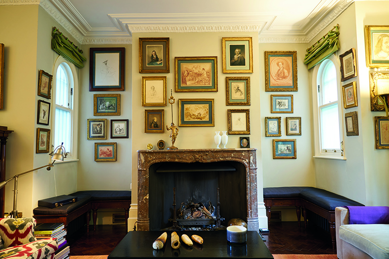 Above the fireplace in the sitting room in The Inspiration of the Artist by Jean-Honoré Fragonard (centre, below). Surrounding it are works by Jacques Lemoine, Hubert Robert, Jean-Jacques Karpff, Jean-Auguste-Dominique Ingres and Marie-Gabrielle Capet