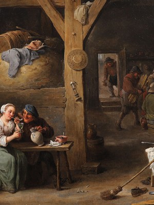 Barn scene with a man courting a young woman and several figures (detail; 1681), David Teniers II.