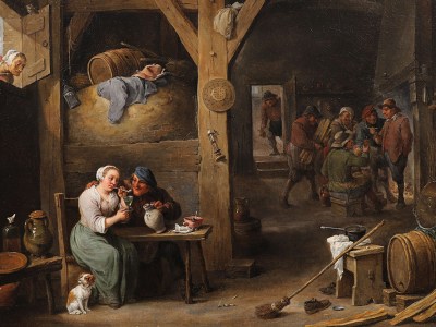 Barn scene with a man courting a young woman and several figures (detail; 1681), David Teniers II.