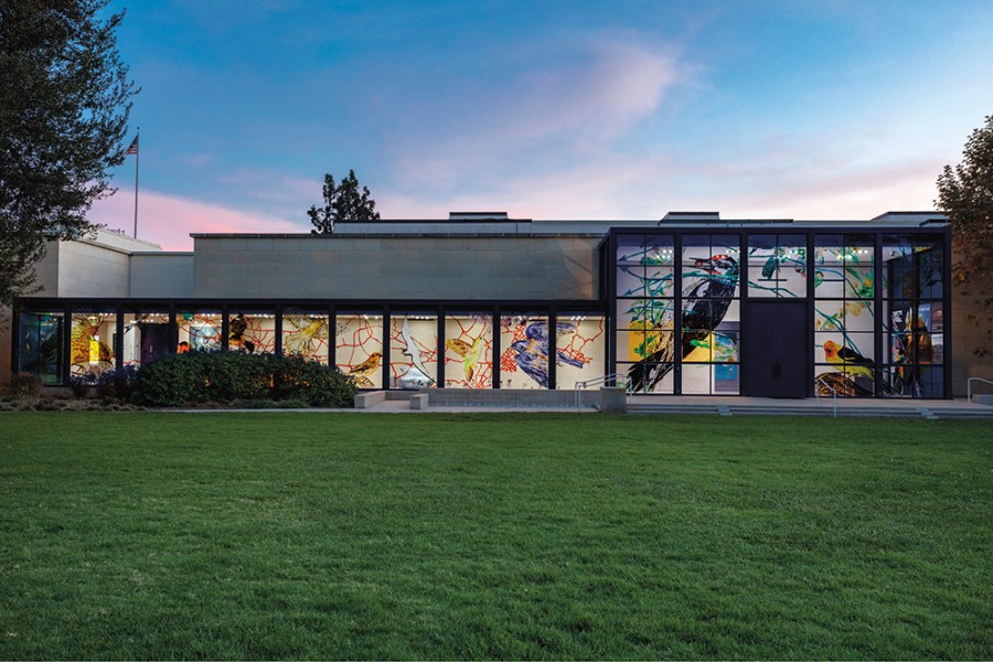 Exterior view of the ‘Borderlands’ exhibition, including Enrique Martínez Celaya’s There-bound (2021), at the Huntington Library, Art Museum and Botanical Gardens in San Marino.