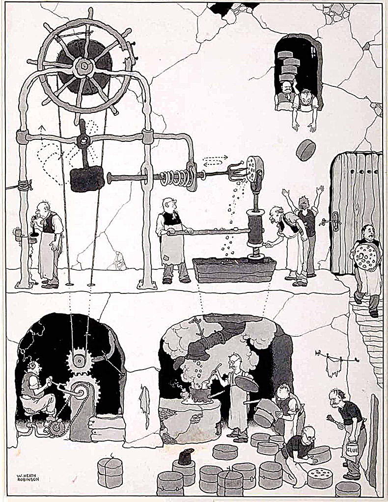 Heath Robinson cartoon about making Gloucester cheese