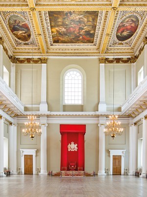 Inside Banqueting House, London, with a view of the series of canvases painted by Rubens in 1635.