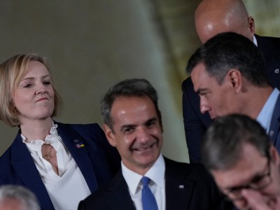 Liz Truss, with Greek Prime Minister Kyriakos Mitsotakis (second from left). Photo: Alastair Grant/Pool/Getty Image