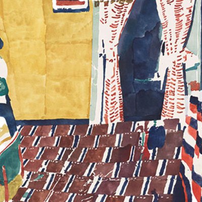 watercolour painting of a girl in a kitchen