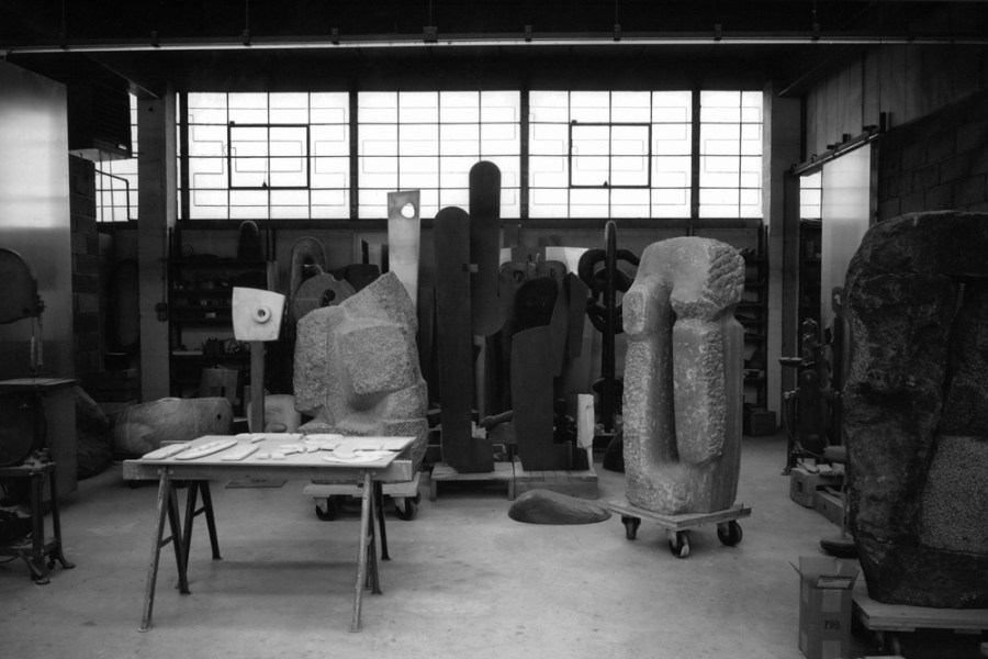 black and white photograph of an artist's studio