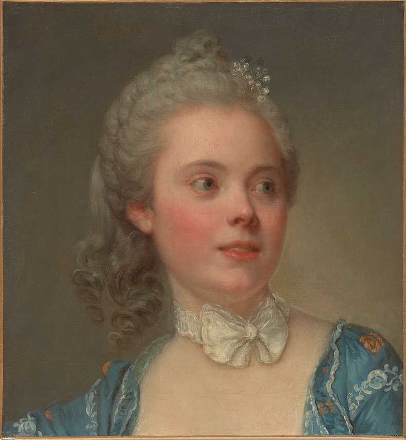 A portrait of a young woman gazing to the right edge, with powdered curls, a pearl hairpiece, a pale blue gown, and a delicate white neck bow